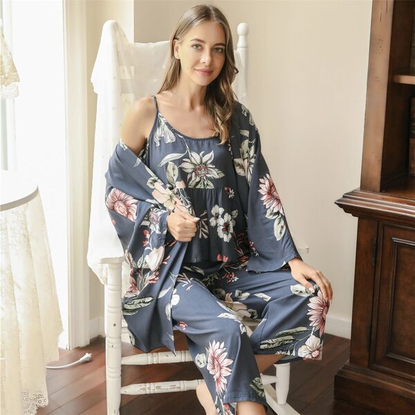 

3pcs Floral Print Ruffle Trim PJ Set, Multicolor