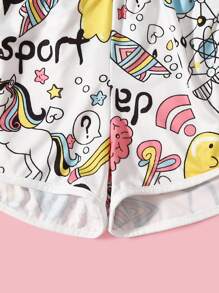 SHEIN Girls Letter & Unicorn Print Cami Top & Shorts Set - Multicolor - View 4