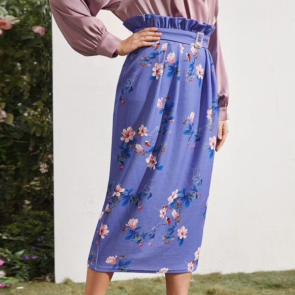 

Plus Floral Print Paper Bag Waist Skirt, Purple