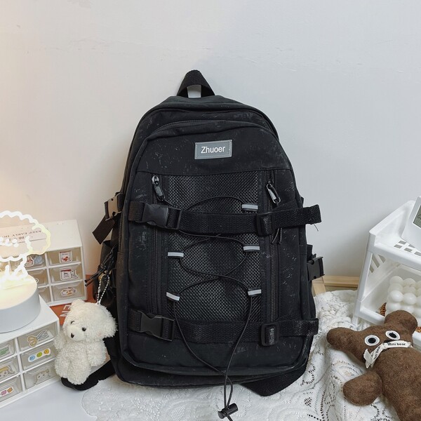 

Cartoon Charm Drawstring Front Backpack, Black