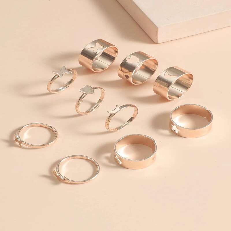 

10pcs Butterfly & Star Design Ring, Gold