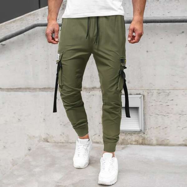 

Men Letter Patched Flap Pocket Pants, Army green