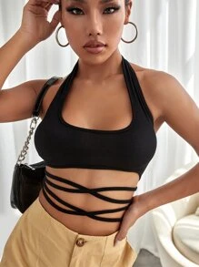 SHEIN Unity Áo hai dây Hội Chữ thập màu trơn Giải trí - màu đen - Xem 1