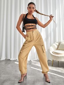 SHEIN Unity Áo hai dây Hội Chữ thập màu trơn Giải trí - màu đen - Xem 3