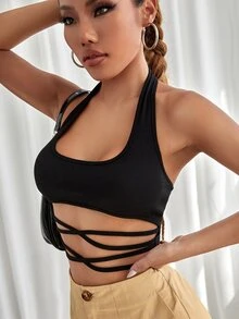 SHEIN Unity Áo hai dây Hội Chữ thập màu trơn Giải trí - màu đen - Xem 4