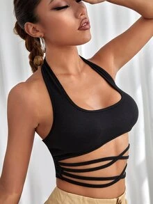 SHEIN Unity Áo hai dây Hội Chữ thập màu trơn Giải trí - màu đen - Xem 5