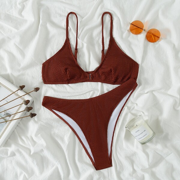 

Textured High Cut Bikini Swimsuit, Brown
