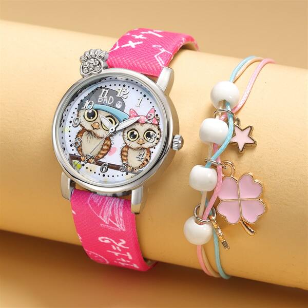 

1pc Kids Cartoon Owl Quartz Watch & 1pc Bracelet