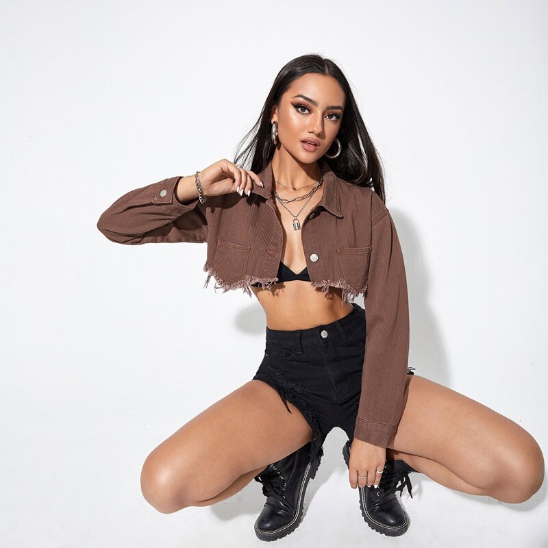 

Solid Raw Hem Button Front Crop Denim Jacket, Chocolate brown