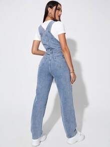 Solid Slant Pocket Denim Dungarees - Medium Wash - View 2
