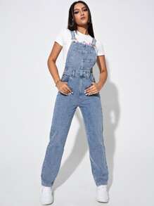 Solid Slant Pocket Denim Dungarees - Medium Wash - View 3