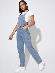 Solid Slant Pocket Denim Dungarees - Medium Wash - View 4