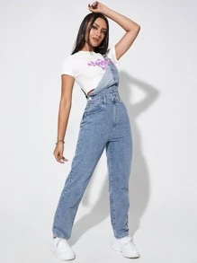 Solid Slant Pocket Denim Dungarees - Medium Wash - View 5