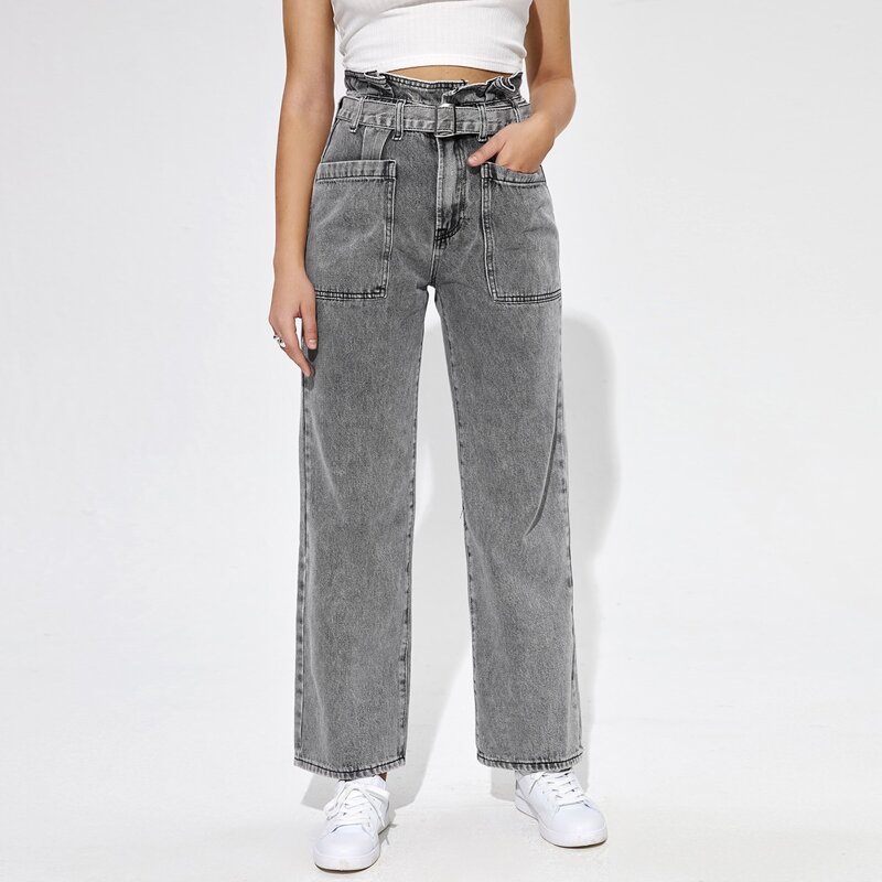

Pocket Patched Paperbag Waist Belted Jeans, Light grey