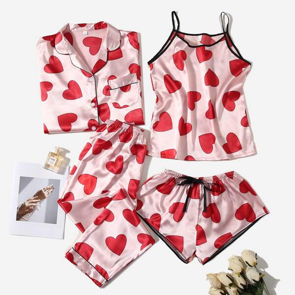 

Heart Print Contrast Binding Bow Front Night Set, Multicolor