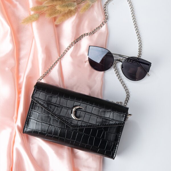 

Croc Embossed Moon Decor Chain Crossbody Bag, Black