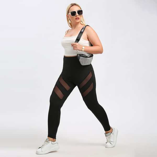 

Plus Mesh Insert Solid Leggings, Black