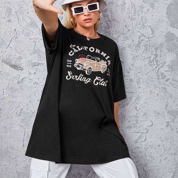 

Plus Letter And Car Print Drop Shoulder Tee, Black