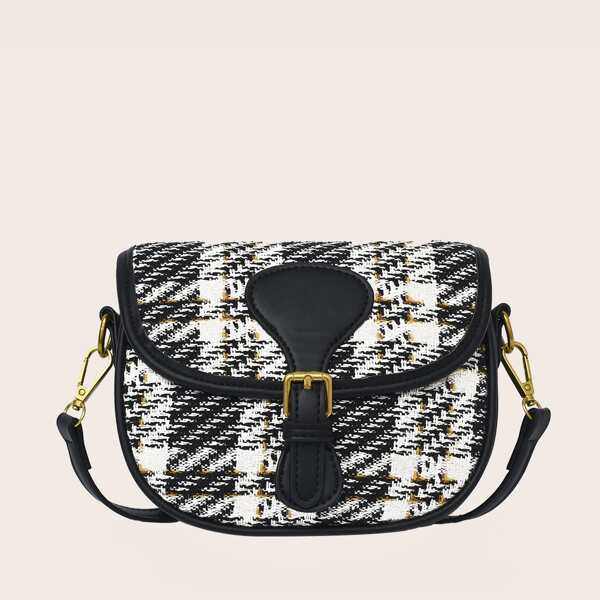 

Buckle Decor Plaid Saddle Bag, Black and white