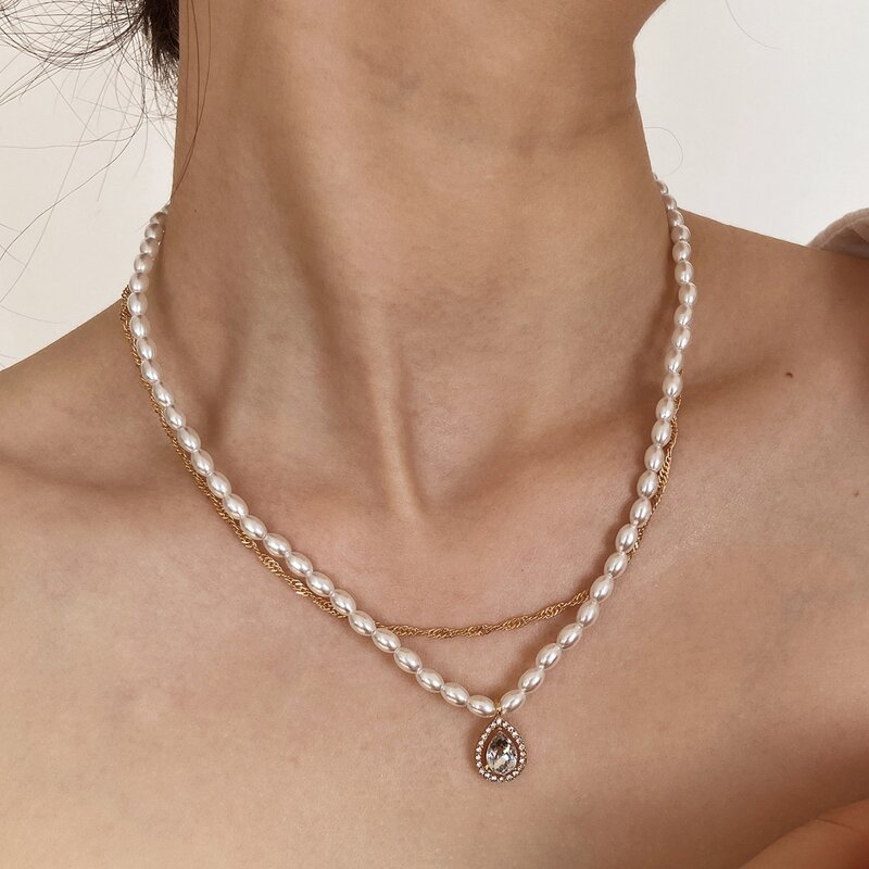 

2pcs Faux Pearl Beaded Necklace, Multicolor