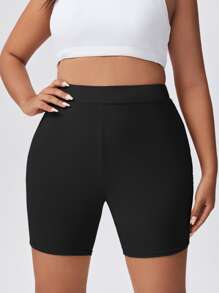 SHEIN Essnce 大碼高腰騎行褲 - 黑色 - 查看 1