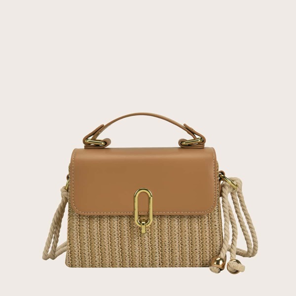 

Buckle Straw Satchel Bag, Khaki