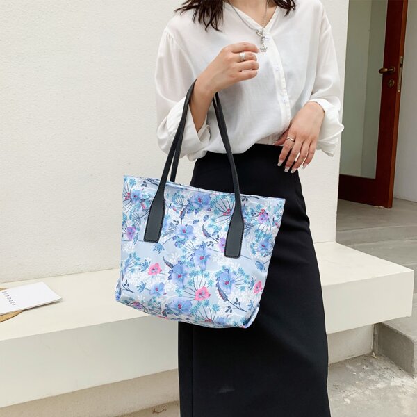 

Floral Graphic Shoulder Tote Bag, Blue