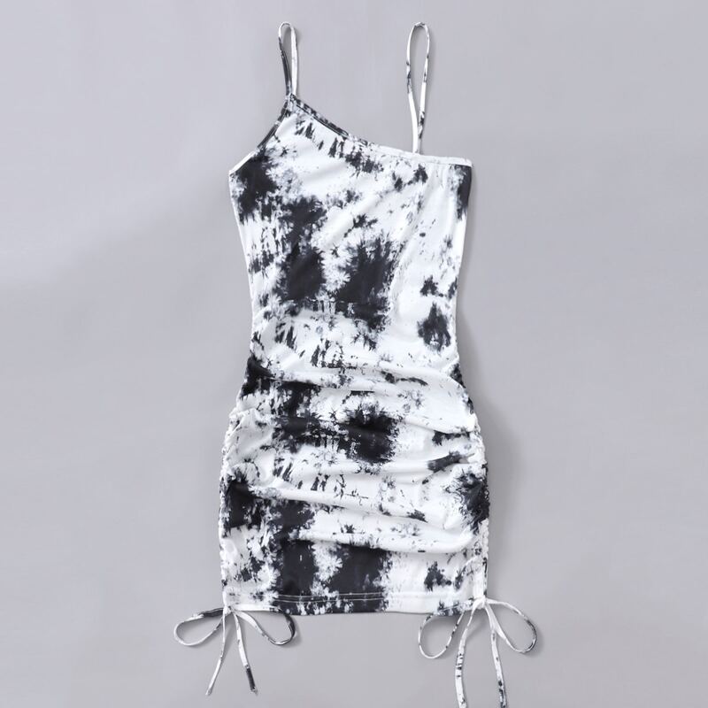 

Tie Dye Drawstring Ruched Dress, Black and white