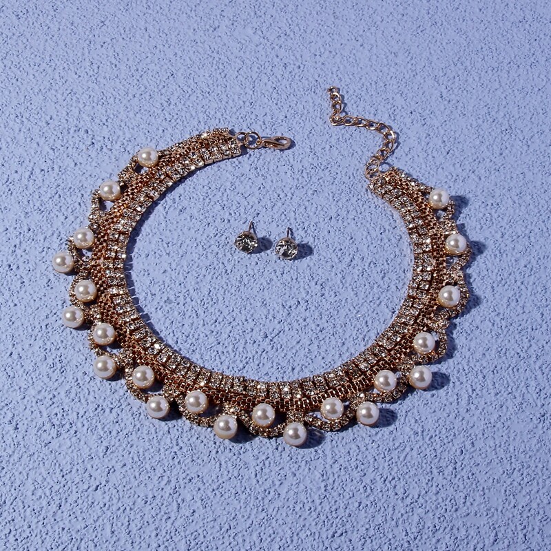 

1pc Faux Pearl Decor Necklace & 1pair Rhinestone Stud Earrings, Gold