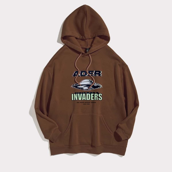 

Kangaroo Pocket Geometric & Letter Print Hoodie, Coffee brown
