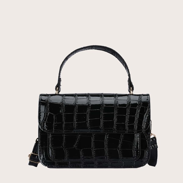 

Croc Embossed Flap Satchel Bag, Black