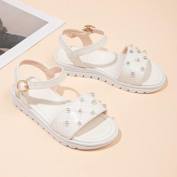 

Girls Faux Pearl Decor Quilted Strappy Sandals, White