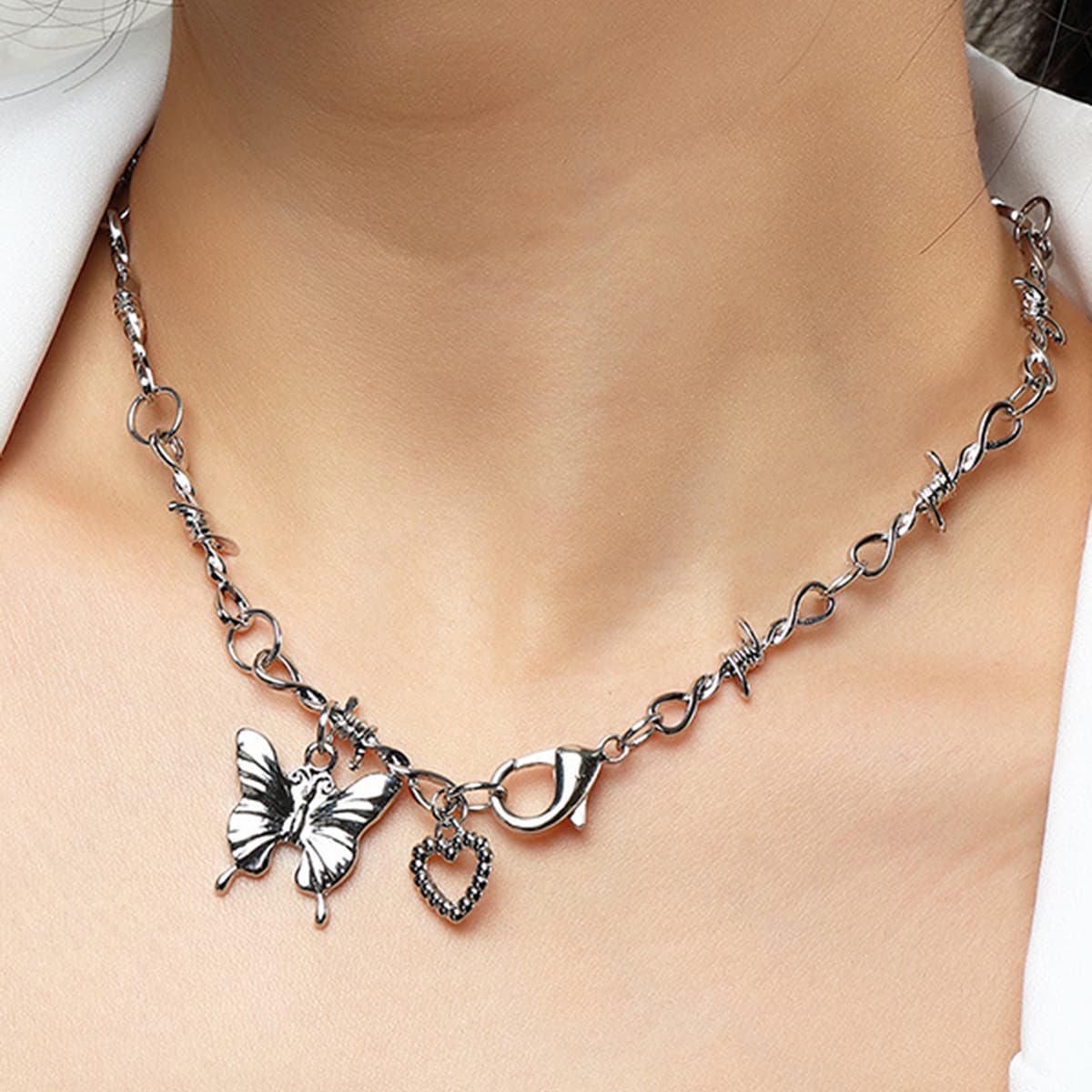 

Butterfly & Heart Decor Necklace, Silver