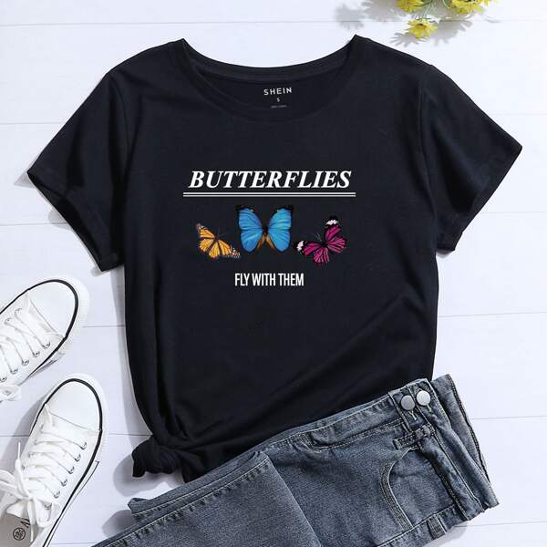 

Butterfly And Letter Graphic Short Sleeve Tee, Black