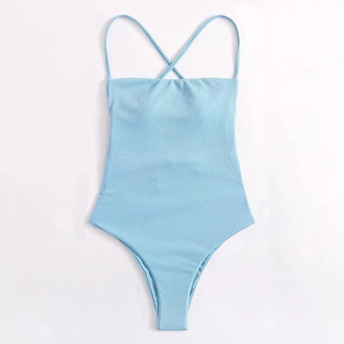

Ribbed Tie Back One Piece Swimsuit, Baby blue