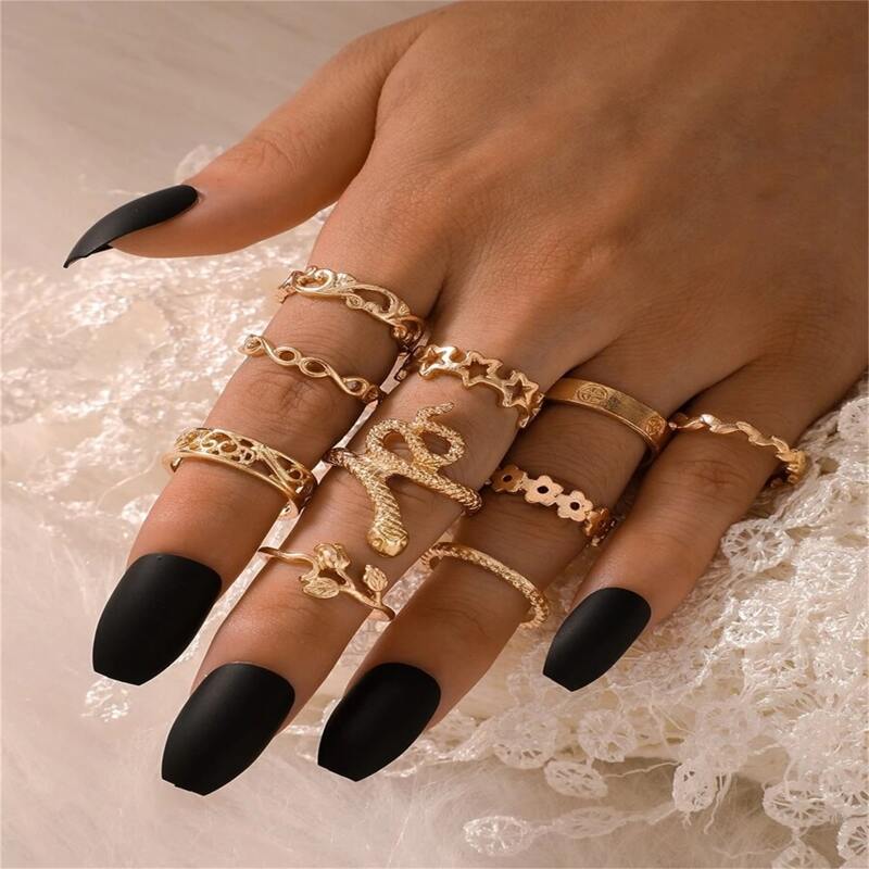 

10pcs Serpentine & Star Design Ring, Gold