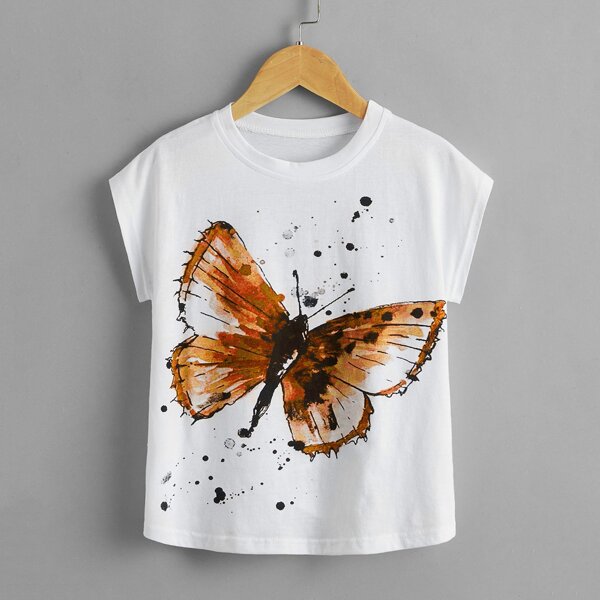 

Girls Butterfly Print Batwing Sleeve Tee, White