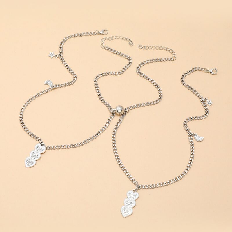 

2pcs Rhinestone Heart Chain Necklace, Silver