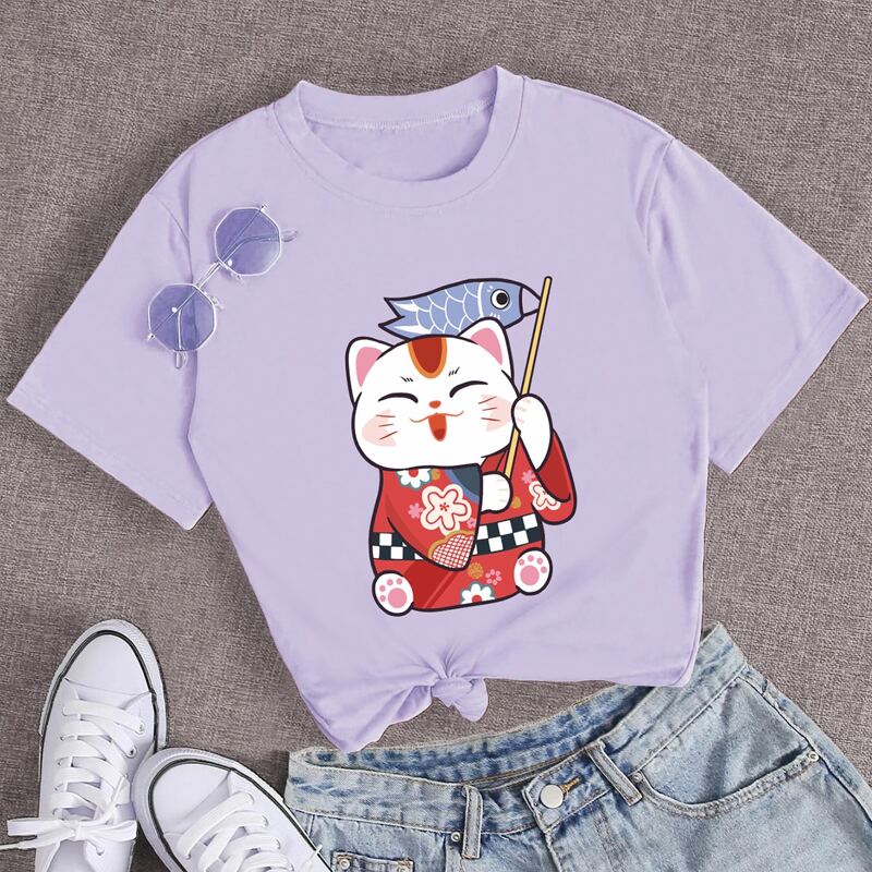 

Cartoon Cat & Fish Graphic Tee, Lilac purple