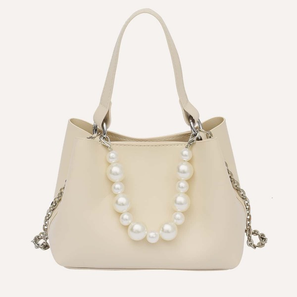 

Faux Pearl Beaded Chain Bucket Bag, Beige