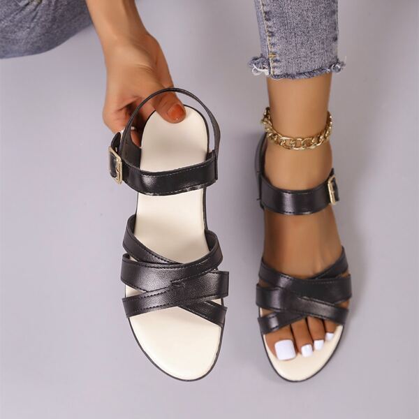 

Minimalist Buckle Decor Cross Strap Sandals, Black
