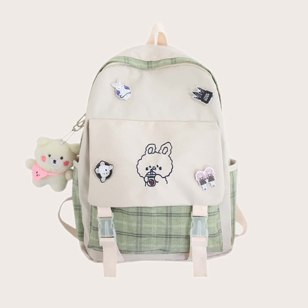 

Plaid Pattern Bear Charm Backpack, Multicolor