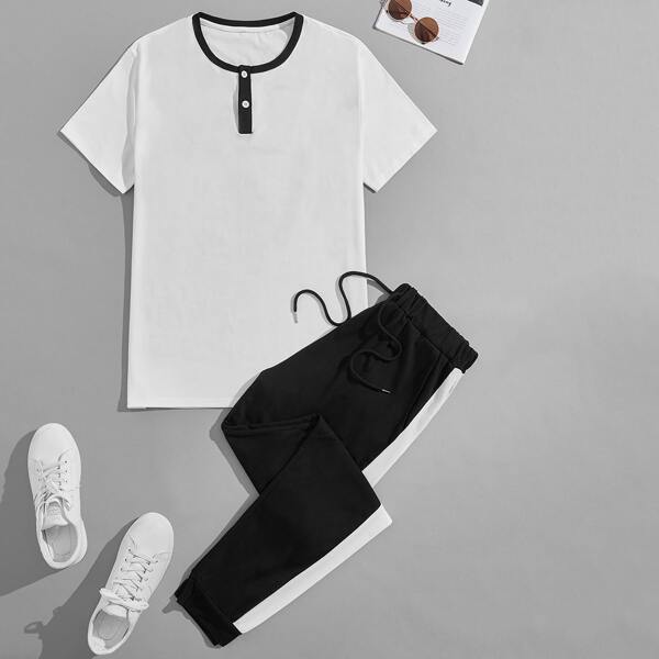 

Men Half Button Tee & Sweatpants Set, Black and white
