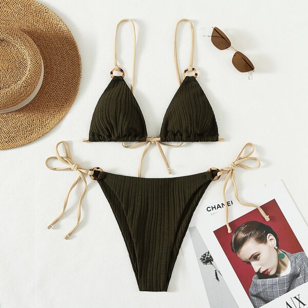

Ring Linked Triangle Tie Side Bikini Swimsuit, Army green