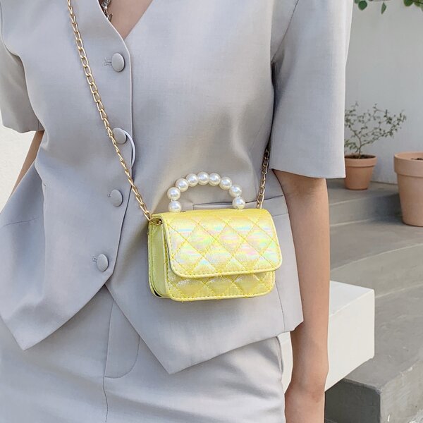 

Iridescent Faux Pearl Decor Chain Bag, Yellow