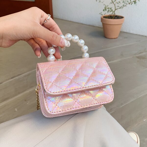

Iridescent Faux Pearl Decor Chain Bag, Baby pink