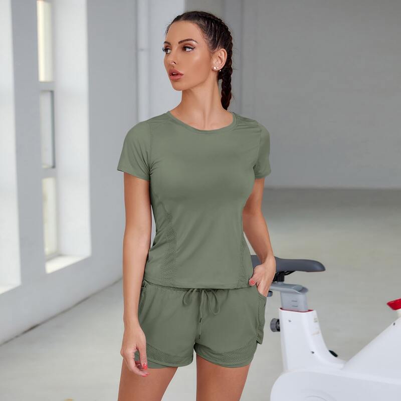 

Solid Contrast Fishnet Sports Set, Army green
