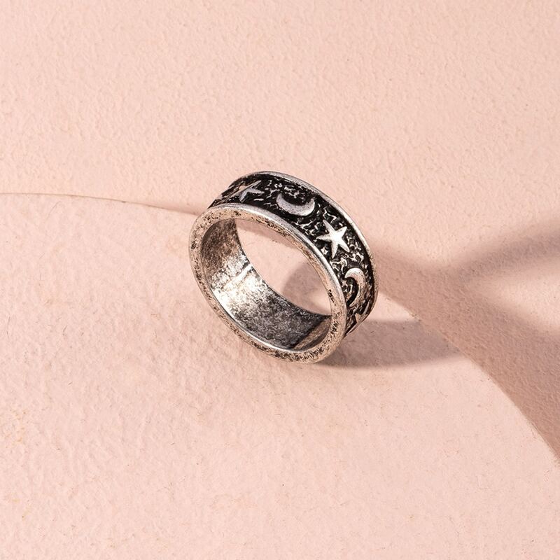 

Star & Moon Engraved Ring, Antique silver