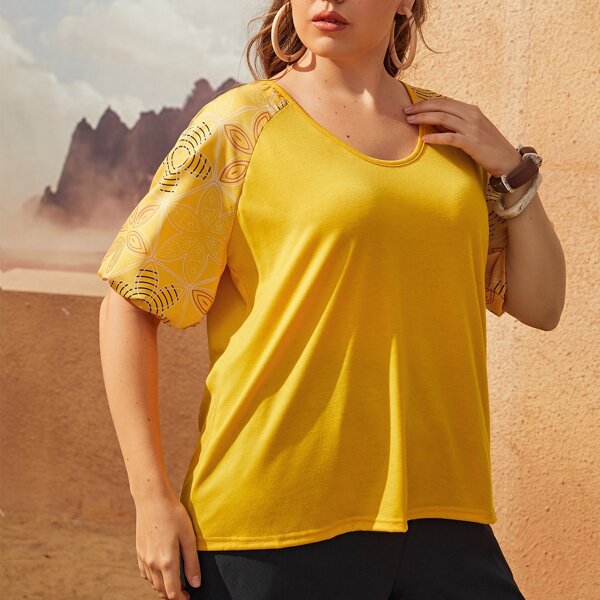 

Plus Floral Print Raglan Sleeve Tee, Yellow