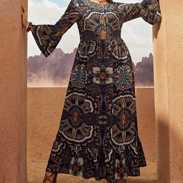 

Plus Floral Print Ruffle Hem Flounce Sleeve Dress, Multicolor